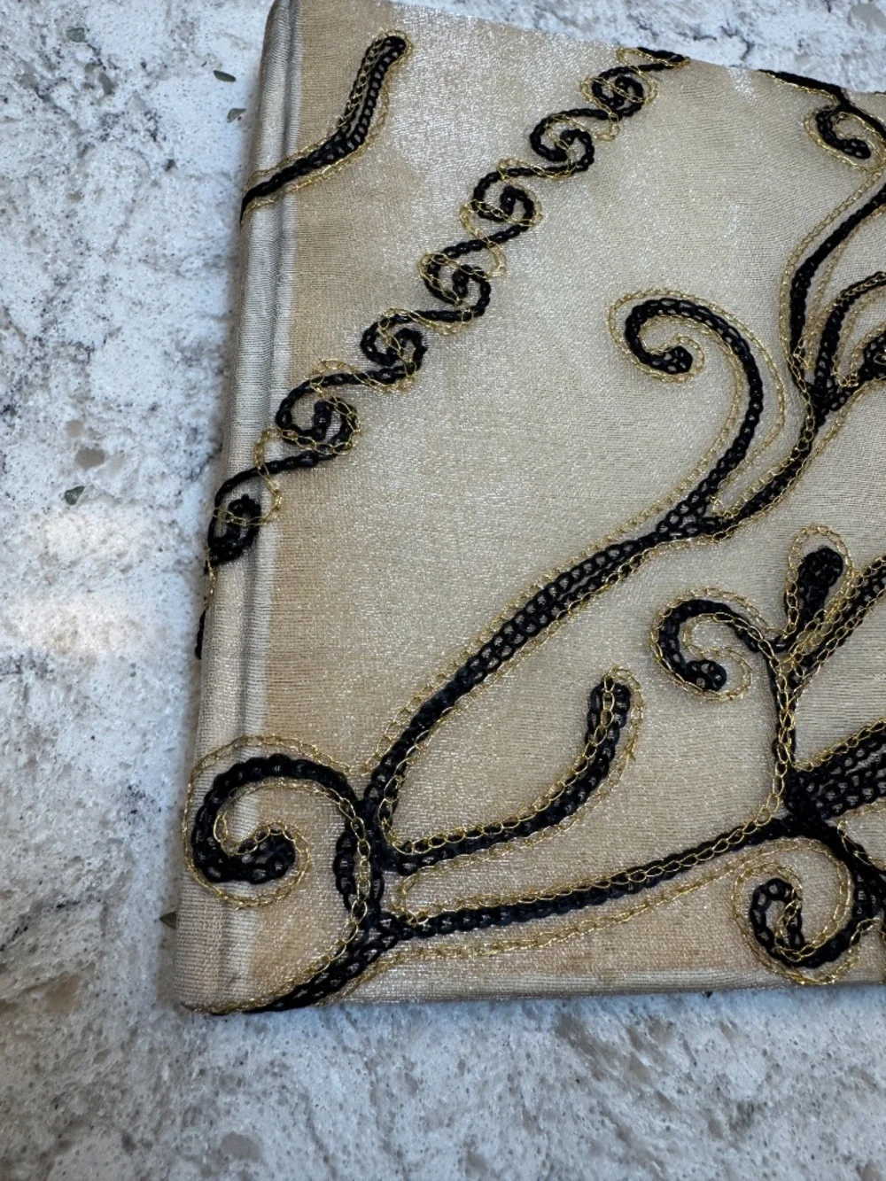 Gold polyester taffeta fabric cover with swirls sign in book or journal notebook